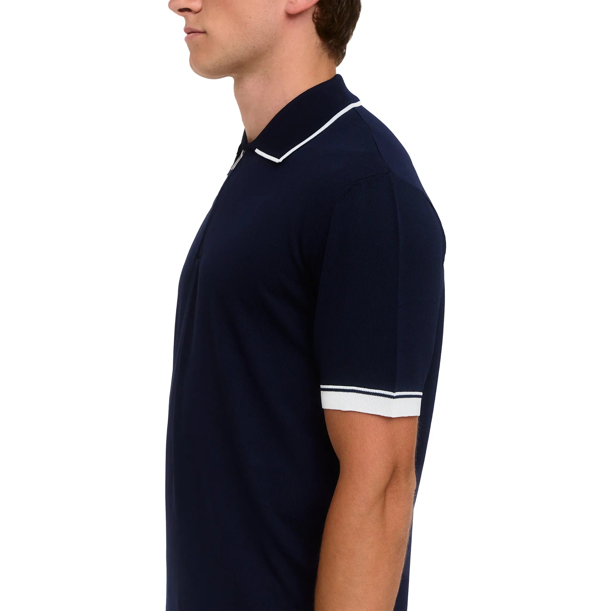 Side View of Loiano Rayon Knit Navy Polo Shirt